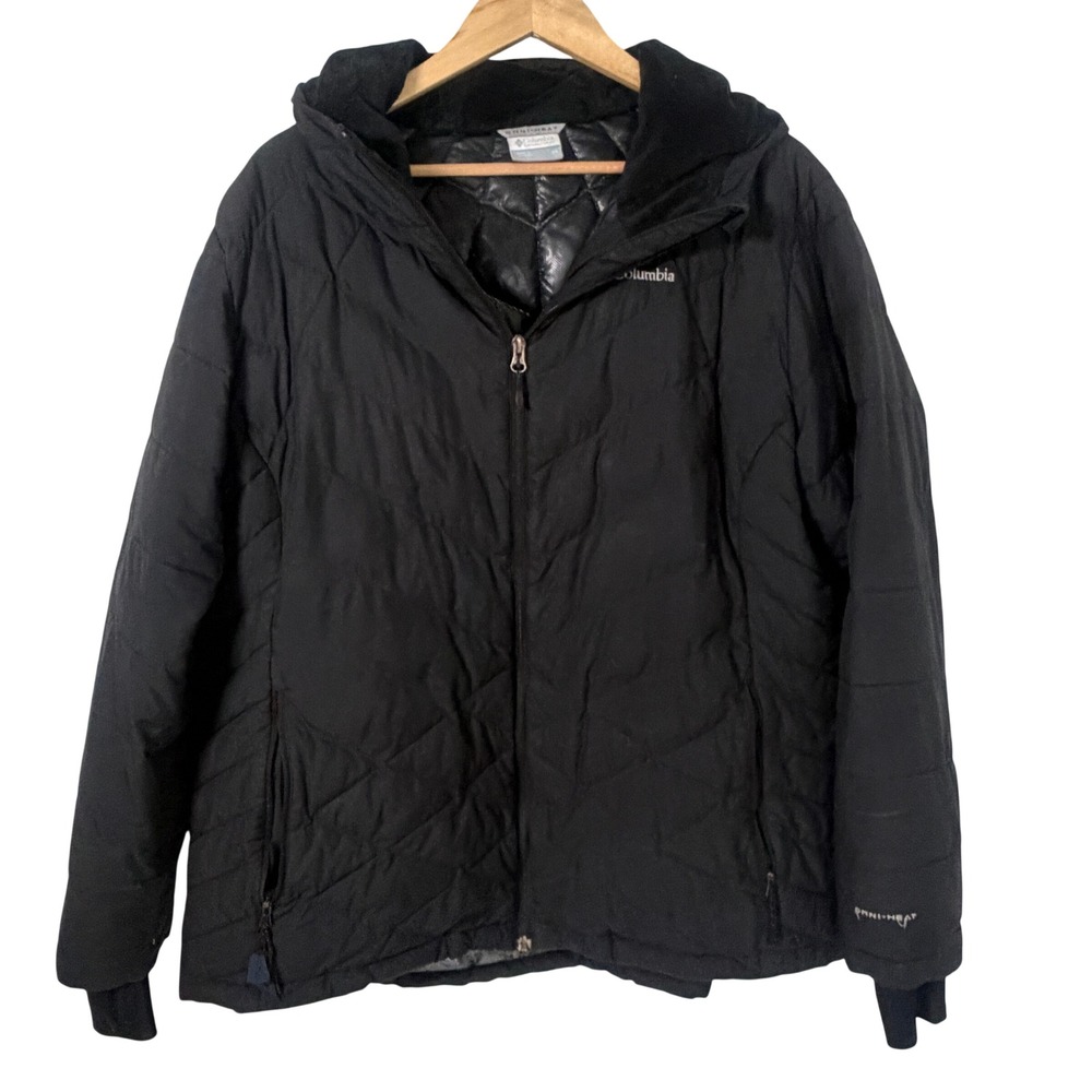 Columbia Puffer Jacket Womens 2X Black Excellent Omni-Heat Hooded Quilted